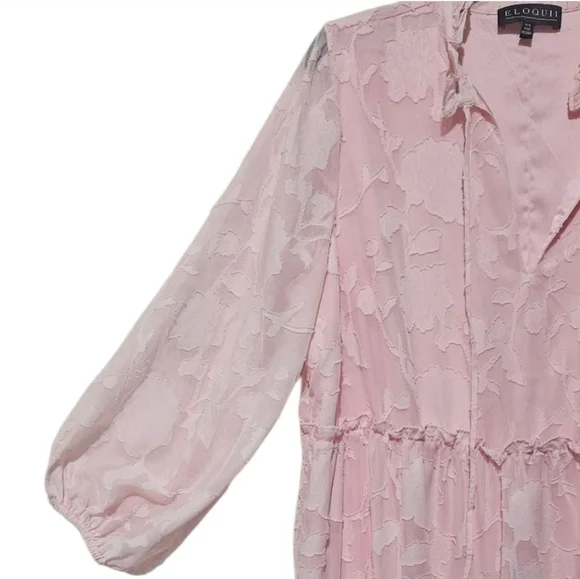 Eloquii Mini Pink Chiffon Tiered Ruffle Dress with Bow Neck Long Sleeve Boho - Picture 7 of 12